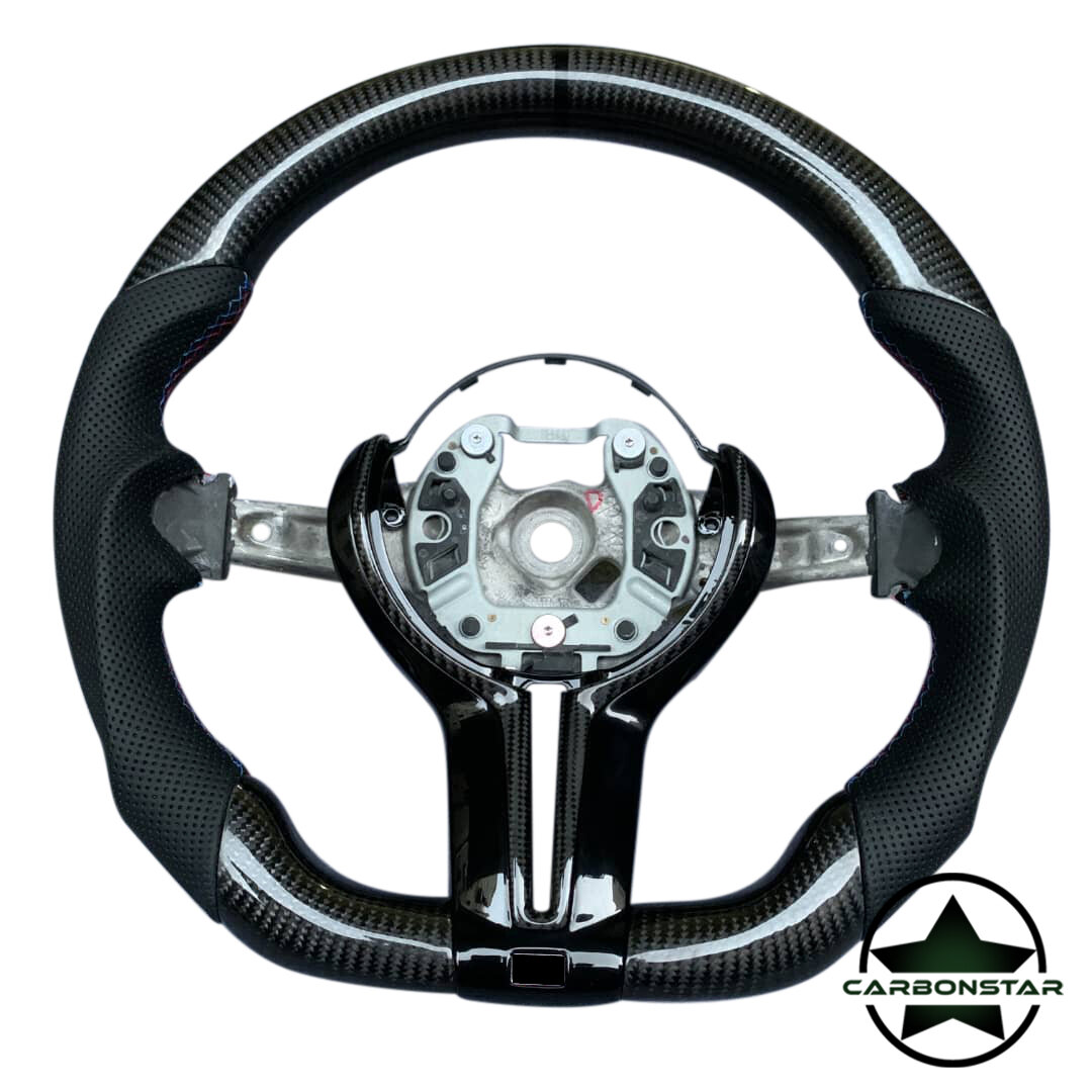 Cstar Carbon Leder Lenkrad abgeflacht Performance 12Uhr passend für BMW M2 F87 M3 F80 M4 F82 F83 F20 F21 F22 F23 F45 F46 F30 F31 F34 F35 F32 F33 F36 F48 Competition Schwarz Glanz + Carbon gelochtes Leder Lenkrad