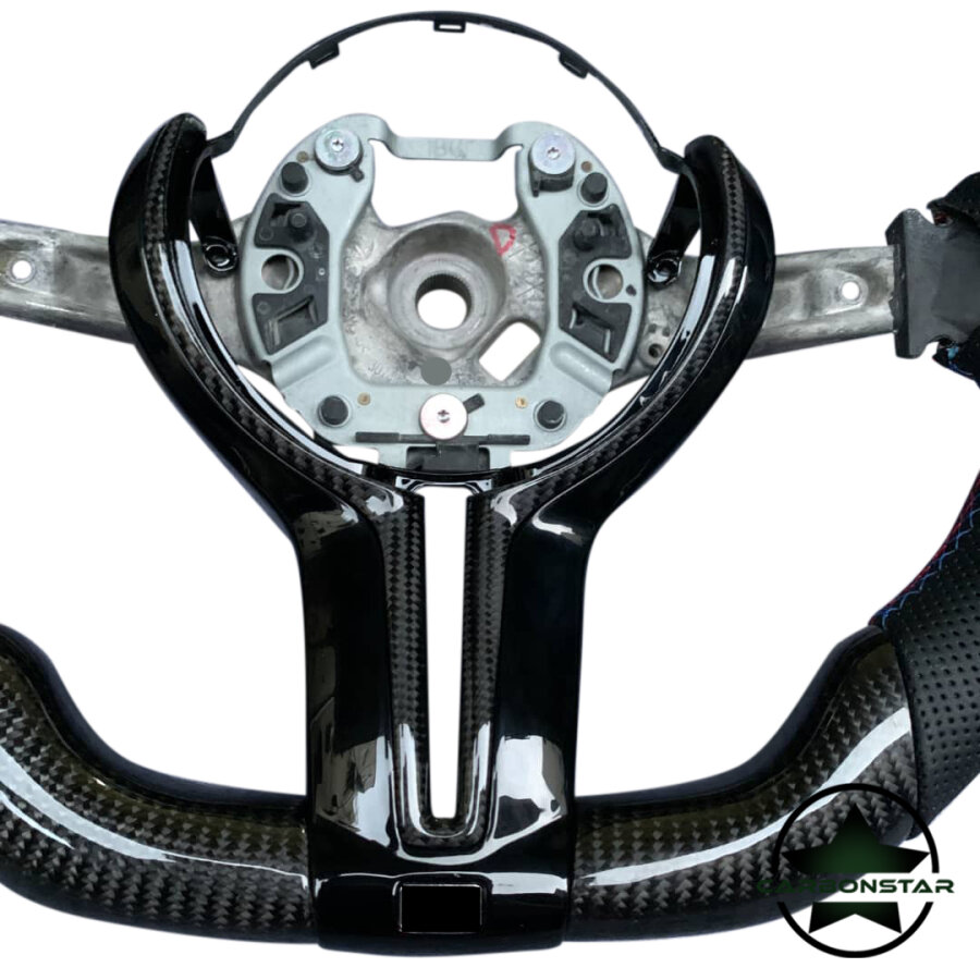 Cstar Carbon Leder Lenkrad abgeflacht Performance 12Uhr passend für BMW M2 F87 M3 F80 M4 F82 F83 F20 F21 F22 F23 F45 F46 F30 F31 F34 F35 F32 F33 F36 F48 Competition Schwarz Glanz + Carbon gelochtes Leder Lenkrad