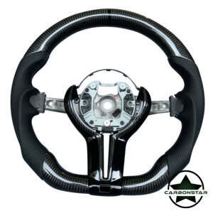 Cstar Carbon Leder Lenkrad abgeflacht Performance 12Uhr passend für BMW M2 F87 M3 F80 M4 F82 F83 F20 F21 F22 F23 F45 F46 F30 F31 F34 F35 F32 F33 F36 F48 Competition Schwarz Glanz + Carbon gelochtes Leder Lenkrad